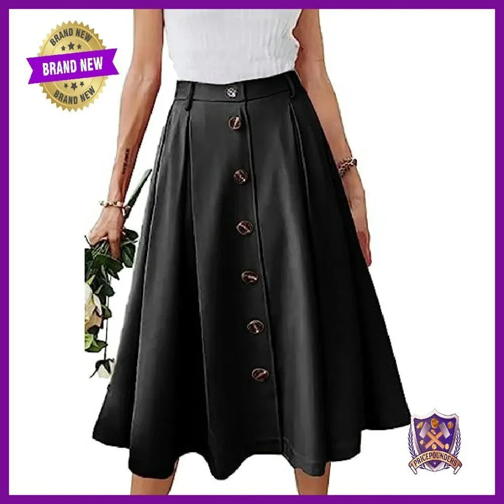 Pleated A-line Midi Skirt Elastic Waist Button Front Pocket